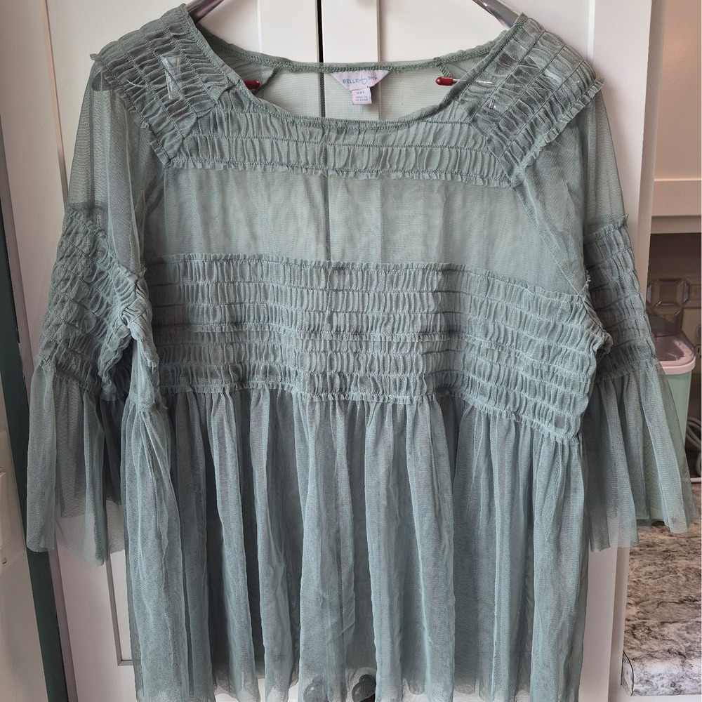 Belle Sky Size Xxl Sheer Sage Green Babydoll Top Blouse Flowy Fairy Whimsy